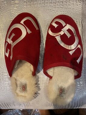 UGG Red Logo Shearling Slip-On Slippers